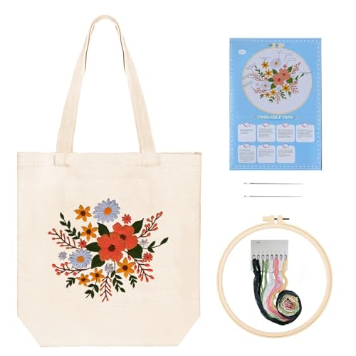 Image of Huacan Embroidery Canvas Bag Kits for Adults Beginner Stamped Flowers Pattern DIY Cross Stitch Printed Flower Stitching Sewing Kit