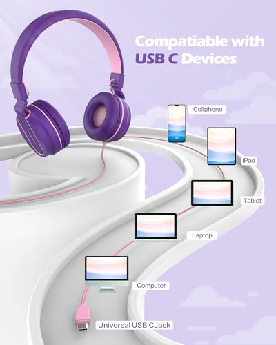 Image of AILIHEN USB C Headphones for Kids with Microphone, 85dB /94dB Volume Limited Over Ear Wired Headphones, Foldable Adjustable Headband for School, Chromebook, Tablet, iPad