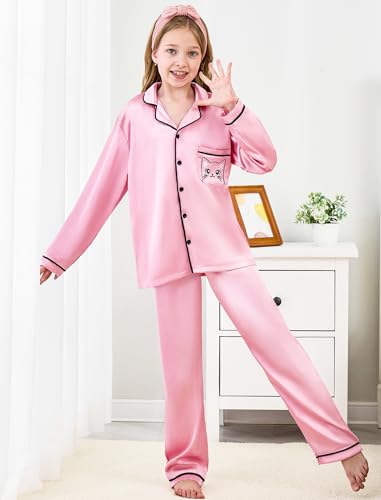Mikrdoo Silk Pajamas for Girls Long Sleeve PJs for Kids Top and Pants 2 Piece Satin Slpeepwear Set 3-14 Years2