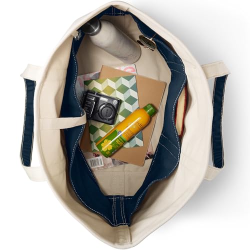 Bolso Tote de Lona con Asa Larga Natural y Azul miniatura 3
