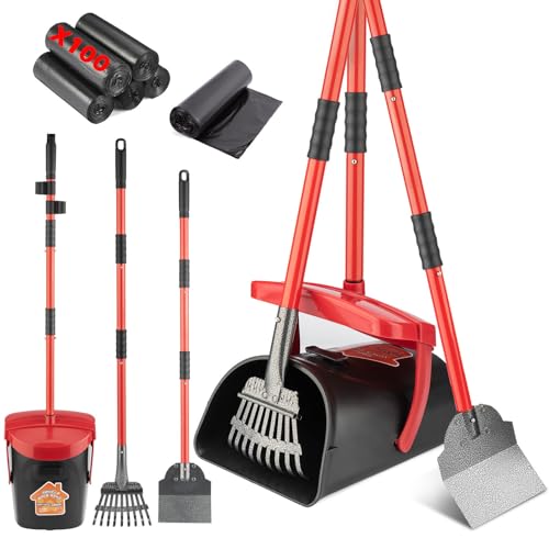 HUZSV Dog Pooper Scooper With Bag Attachment,Heavy Duty Metal Rake&Spade Swivel Bin,NonBreakable Poop Scoop for Small Large Dogs,Includes 100 Waste Bag Odorless Design Easy to Use on Grass,Dirt,Gravel