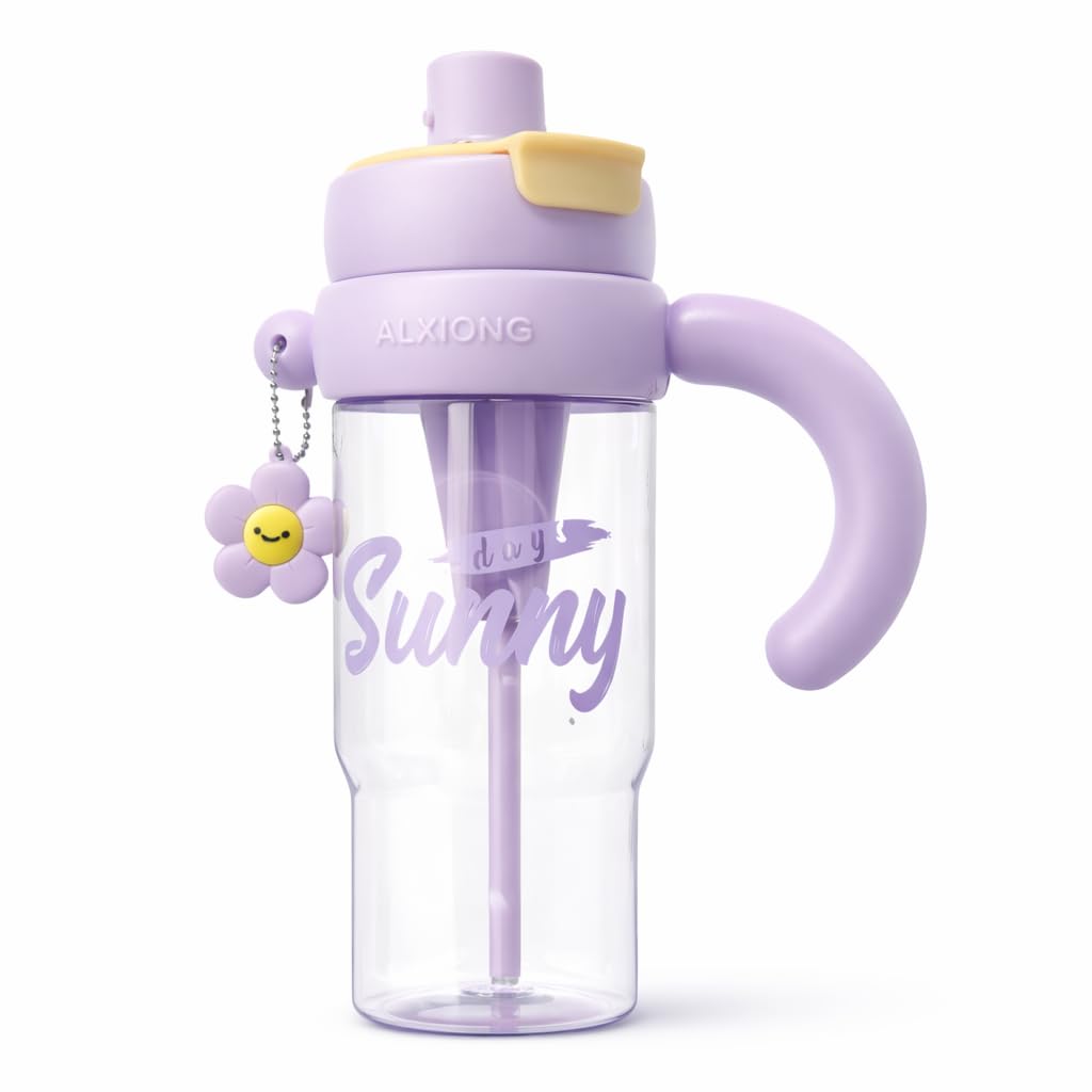 Vasukie 1200ml Kids Water Bottle with Sipper Cap | BPA-Free, Anti-Leak & Stylish | Light Purple, Perfect for School Girls & Kids (Daisy Handle Bottle)