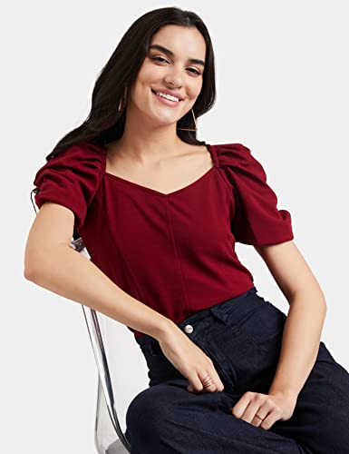 Image of Lymio Women's Crop Red Color V Neck Half Sleeve Polyester Solid Top
