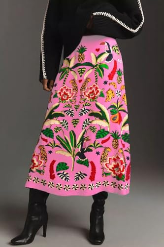 THLAI Womens Skirt Midi Skirt Tropical Plant Print Pink Zipper A-Line Long Skirts Spring Summer Skirt Floral4