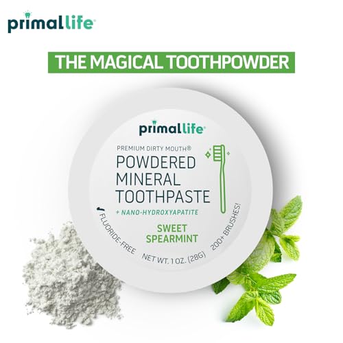 Image of Primal Life Organics - Dirty Mouth Toothpowder, Tooth Cleaning Powder, Flavored Essential Oils with Natural Kaolin & Bentonite Clay, Good for 200+ Brushings, Organic, Vegan (Sweet Spearmint, 1 oz)