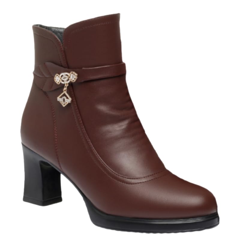 Womens fashionable short boots with thick heels and warm cotton soles Made of artificial plush lining Decorated with