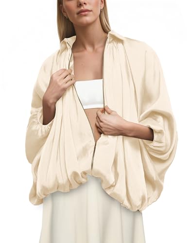 Women Puffed Sleeve Zipper Up Bomber Jacket Oversized Batwing Drop Shoulder Pleated Peplum Hem Lapel Collar Coat