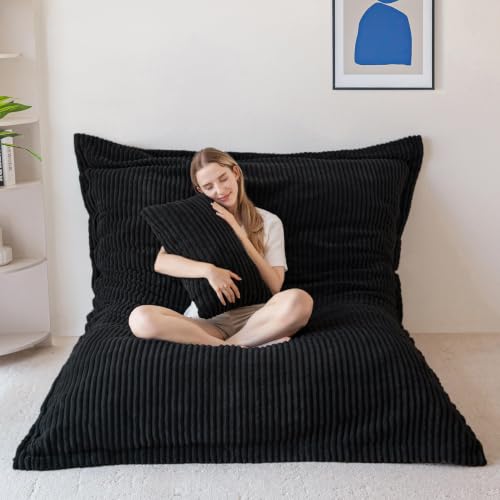 Image of MAXYOYO Giant Bean Bag Chair with Pillow, 3 in 1 Convertible Bean Bag Chair | Removable Floor Cushion Stuffed Floor Lounger for Adults with Washable Cover, Lazy Chair for Living Room, Black, Full