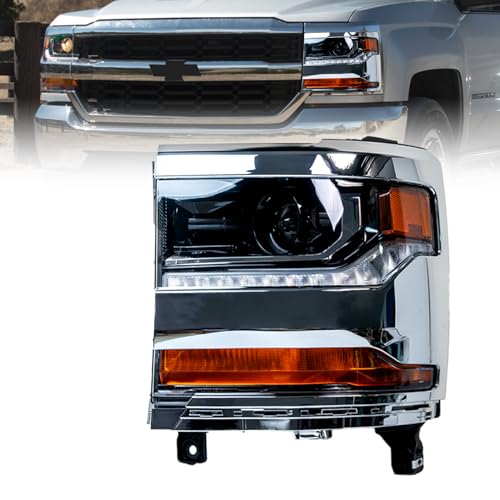 AUTNZE HID/Xenon Headlight Assembly Compatible With 2016 2017 2018 Chevy Silverado 1500 Headlamp Chrome Housing Replacement L84388723 Head Light Left Driver Side