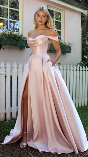 Satin Prom Dress for Women Off The Shoulder Formal Evening Dresses with Slit Sweetheart Ball Gown AD0853