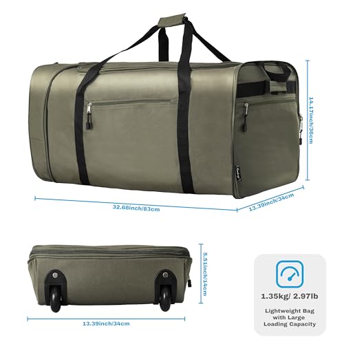 Finnhomy 100L Foldable Rolling Duffel Bag with 2 Wheels, Light Weight Travel Duffel bag with Large Loading Capacity, 32 inch Rolling Duffel bag with Shoulder Strap for Travel Camping Sports, Green