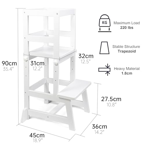 Image of Kitchen Step Stool for Toddlers with Non-Slip Mat, WOOD CITY Wooden Kids Montessori Learning Stool Tower, Toddler Standing Tower Helper for Kitchen Counter and Bathroom Sink(White-Adjustable)
