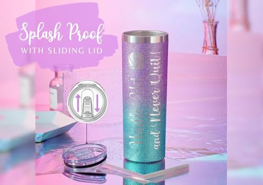 Onebttl Volleyball Gifts for Teen Girls & Team, Stainless Steel Kids Volleyball Tumbler, Double Wall Vacuum Insulated Bottle with Lid and Straw 20oz - Never Quit (Glitter Purple Blue)