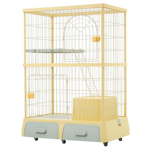 猫 掃除しやすいトレーケージ キャットケージ 2段 多頭飼い 引き出しトレー 組み立て簡単 猫ドア キャットハウス ペット ゲージ 猫 ゲージ 大型 キャスター付きネコ ハウス 留守番 保護 脱走防止 ペットケージ【主な色-クリームイエロー】