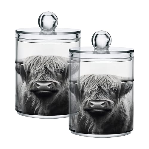 Kigai Highland Cow Qtip Holder Dispenser for Cotton Ball, Cotton Swab,Plastic Clear Apothecary Jar, Home Décor Kitchen Storage Jar,2 Pack