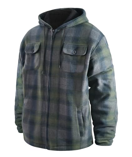Image of TanBridge Men's Cotton Plaid Shirts Jacket Full Zip Fleece Flannel Sherpa Lined Hoodies Heavyweight Hoodies Jacket for Men