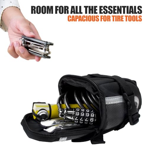 Image of BV Strap-On Bike Bag with Reflective Material - Saddle Bag with Seperate Divider for Small Items for All Your Essentials - Bike Pouch with Taillight Hanger for Maximum Safety
