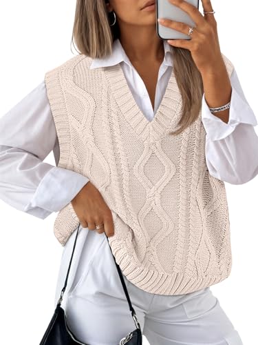 Trendy Queen Women' s V Neck Sweater Vest 2025 Fall Fashion Oversized Sleeveless Cable Knit Lightweight Cute Pullover Tops Winter Clothes Outfits Cream