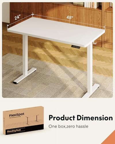 Image of FLEXISPOT EN1 One-Piece Standing Desk, Electric Adjustable with 4 Memory Presets, 176 LBS Capacity, Stable & Quiet, Seamless Desktop for Home Office & Dual Monitors, 48 inchx24 inch White(White Frame)