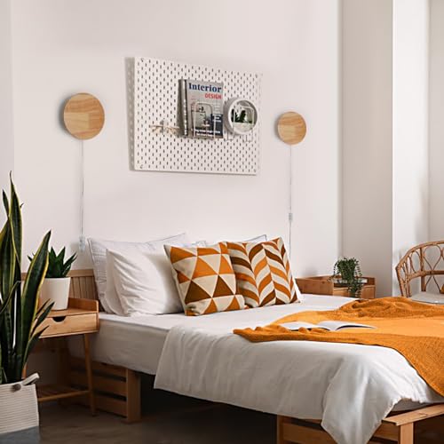 Image of Modern Minimalist Plug in Wall Sconces, Plug-in Or Cordless 7.9'' Round Wood Backlight LED Wall Lamp, 12W, 1300LM Warm White Brightness Wall Light Fixtures for Bedroom, Living Room Wall Decor