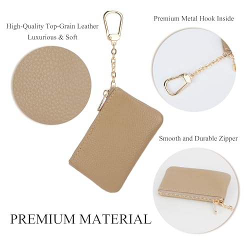 Image of Full Grain Leather Coin Purse with Key Chain - Small Change Purse Keychain Card Holder Pouch Small Wallet for Women and Men (Elephant Gray)