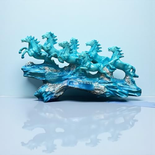 Image of 7 Running Horses | Vastu, Feng Shui Statue for Good Luck Wealth Health Happiness White Horses with Golden Touch | Home Decor Gift for Home, Office, Resin (L-17, H-10 Inch) (Sky Blue)