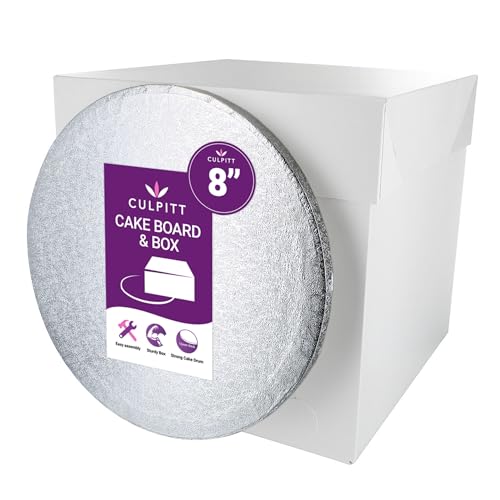 Culpitt 8 Round Silver Cake Drum Board & Tall White Box Combo 8 x 8 x 8 Inch Square Box and Matching Circle Set for Tiered or Decorated Transport 90309
