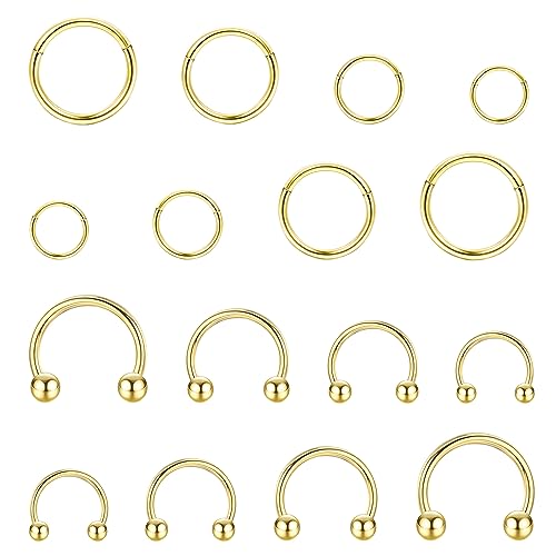 JeweBella 16 Piezas 16 G Piercing Nariz Aro Acero Quirúrgico Pendientes Cartilago Aro Plata/Oro Segmento Clicker Anillos Nariz Herradura Piercing Oreja Helix Tragus Septum Conch Labio 6-12 mm