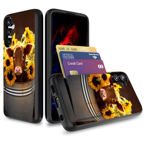 wiaekosef for Galaxy S25 FE Case,Wallet Case Credit Card Holder Dual Layer Hybrid Shockproof PC + TPU Case Cover for Samsung Galaxy S25 FE 6.7" 2025,Cow with Sunflowers