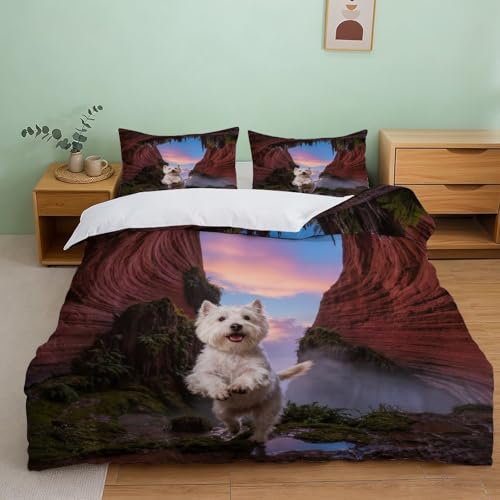 Funda Nórdica con West Highland White Terrier Microfibra Suave Juego De Cama Cueva con Fundas Almohada para Dormitorio Principal Y De Huéspedes Super King（260x220cm）