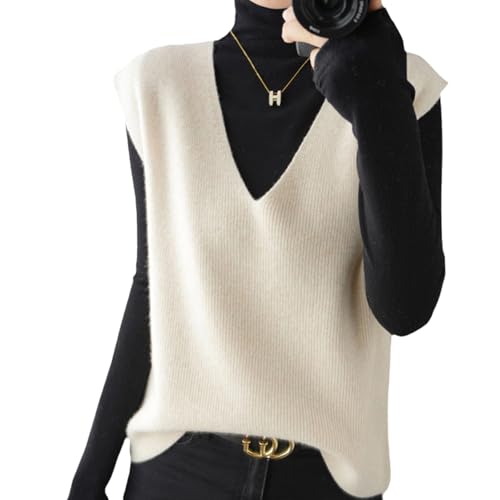 La Mejor Selección de Punto para Mujer Top 5. 45 LVWVEUIZ Chaleco de suéter de Cachemira de Punto para Mujer, Chaleco básico Ligero sin Mangas, Camisetas Cortas, otoño e Invierno (M,Beige)