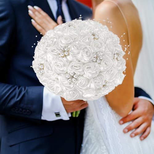 M METERXITY Artificial Rose Bouquet for Bride/Bridesmaid, Throw Toss Bouquet - Round White