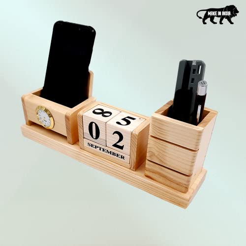 Image of WOOD HOUSE Wooden Pen Stand with Card Holder /Study Table, Pen Holder for Office Table Stylish for Office & Student Desk (Pen Stand with Calender and Mobile Holder)