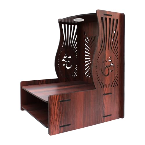 Image of Olive Tree Ethnic Wooden Pooja Mandir for Home Handcrafted Puja Stand | Wall Mounted with LED Spot Light | Mandapam, Pooja Ghar, Temple Office Decor - Walnut Size 12X12X16 Inch 1005