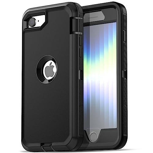 Image of AICase for iPhone SE Case 3rd & 2nd Generation, for iPhone SE 2022 /2020 Built-in Screen Protector Heavy Duty Protective Shockproof 3-Layer Full Body Rugged Phone Cover, Black