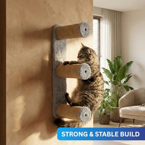 Image of Wall-Mounted Cat Scratching Post, Sisal Rope with Plush Mice Toys, Grey and Natural, Interactive Play (24X6 INCH) (FURR-157) (Grey)