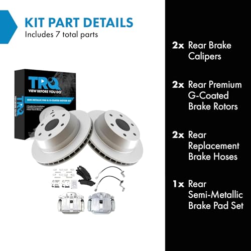 Image of TRQ Rear Brake Pad and Rotor Set Semi Metallic G Coated Rotors Calipers Compatible with 2001 Chevrolet Silverado 1500 GMC Sierra 1500