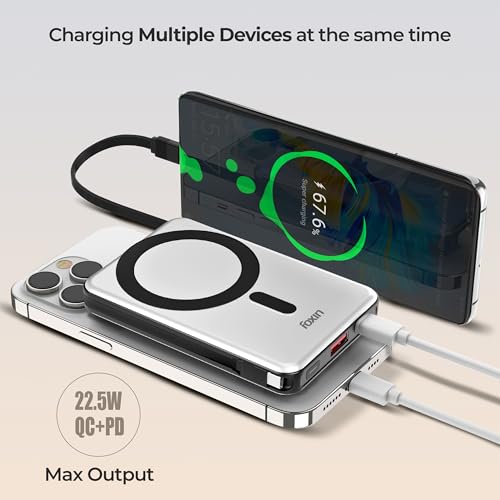 Image of Foxin Mag One Wireless 10000mAh Fast Charging Power Bank with Metal Stand | USB Type C Input & Output, 22.5W Portable Charger for iPhone 12 & Above, Android & Qi Enabled Devices | Pearl White
