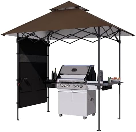 ABCCANOPY 8x5 Pop Up Grill Gazebo - Outdoor BBQ Canopy with Shelf & Sidewall, Portable Barbeque Shelter with 2 Magnetic LED Lights, Carry Bag for Patio Garden Events Picnic Grilling, Brown