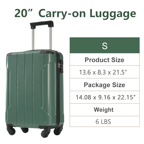 24 Inch Hardshell Carry On Luggage, Lightweight Medium Durable ABS Suitcases with Double Wheels and TSA Lock, Expandable 24-inch Checked Luggage for Travel, Men Women (Green, 20 Inch)2