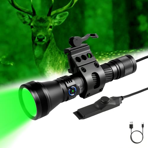 ULTRAFIRE T6 Red Green Hunting Light 1800 Lumens 600 Yards Long Range Predator Flashlight for Coyote Varmint High Power LED Night Hunting Gear with Picatinny Mount & Pressure Switch (RGB Filters)
