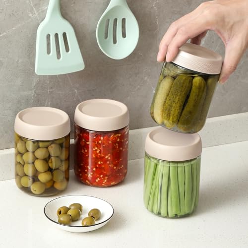 Image of NETANY 6-pack 16oz Glass jars with Airtight Lids, Overnight Oats Containers with Lids, Wide mouth Mason Salad jars, Glass Food Storage Containers for Snacks Yogurt Spice Sugar-Beige