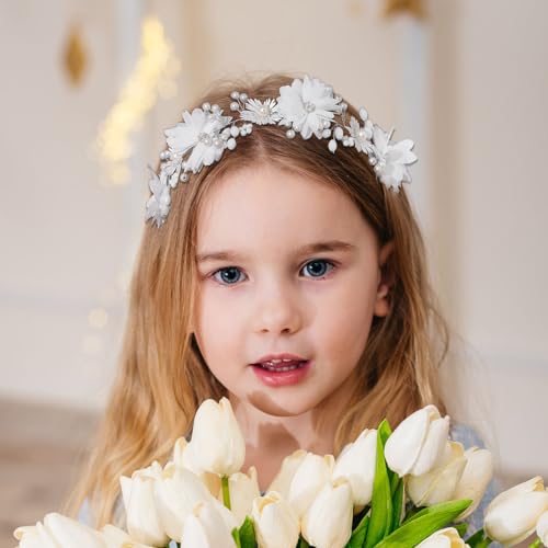 IYOU Commnunion Headpiece for Girls White Flower Wedding Headband Pearl Princess Bridal Hair Accessories - Image 2