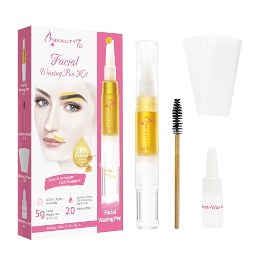 Beauty7 Kit di Cera per Sopracciglia Penna per Ceretta Allo Zucchero + 20 Strisce Depilatorie, Formula di Zucchero Senza Calore per Ceretta del Viso per il Labbro Superiore, Guance e Mento