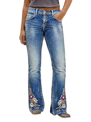 Flamingals Floral Embroidery Bell Bottom Jeans for Women Mid Rise Wash Stretchy Vintage Flare Denim Pants Mid Blue 2XL