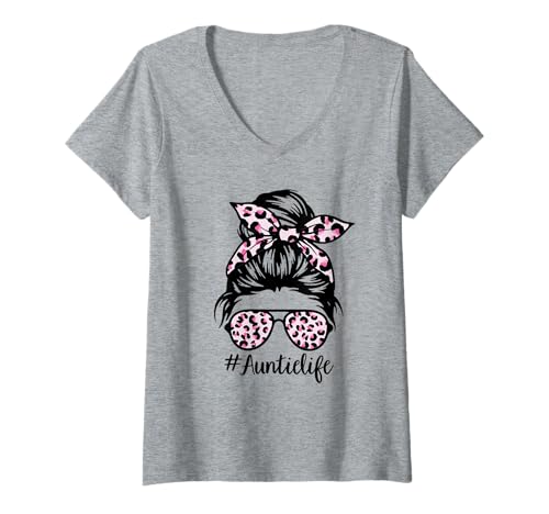 Mujer Pink Leopard Messy Bun Hair Glasses Auntie Life Summer Tía Camiseta Cuello V