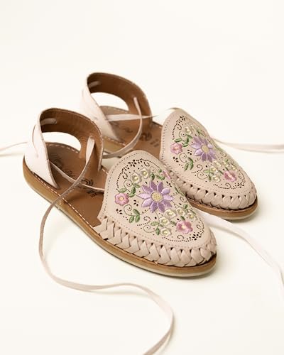 Mexico en la Piel Handcrafted Leather Huarache Sandals for Women - Roman Lace-Up Design, Crepe Sole, Floral Embroidery, Lightweight and Breathable, Available in Natural, Shedron, and White3