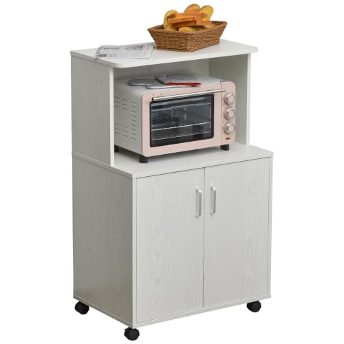 HOMCOM Aparador Auxiliar para Microondas con Ruedas 60,4x40,3x97 cm Blanco