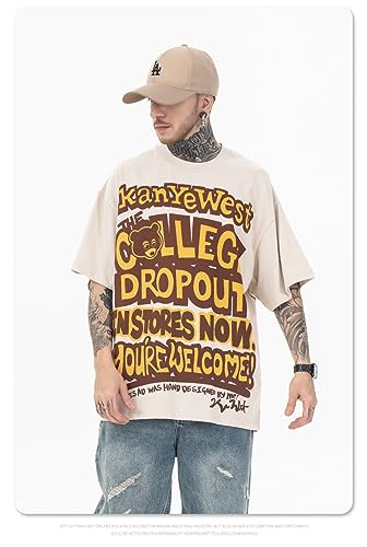 Men's Tupac T-Shirt Kanye Bear T-Shirt - Kanye West, Oversized Streetwear with Bear Print and Text Design Almond Color.2