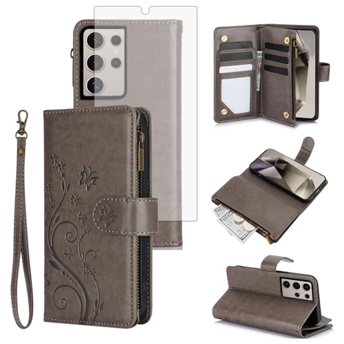 Étui portefeuille Samsung S24 Ultra avec fermeture éclair, coque de protection complète